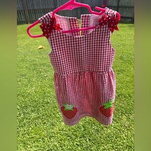 Rare Editions Red & White gingham sleeveless dress 3t Strawberry patches GUC